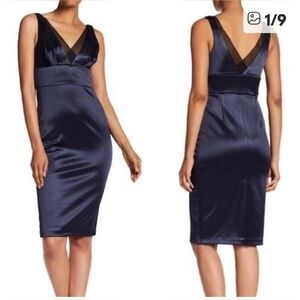 NWT Vera Wang Navy Blue Satin Vneck Kneelength Cocktail Dress Womens Size 10